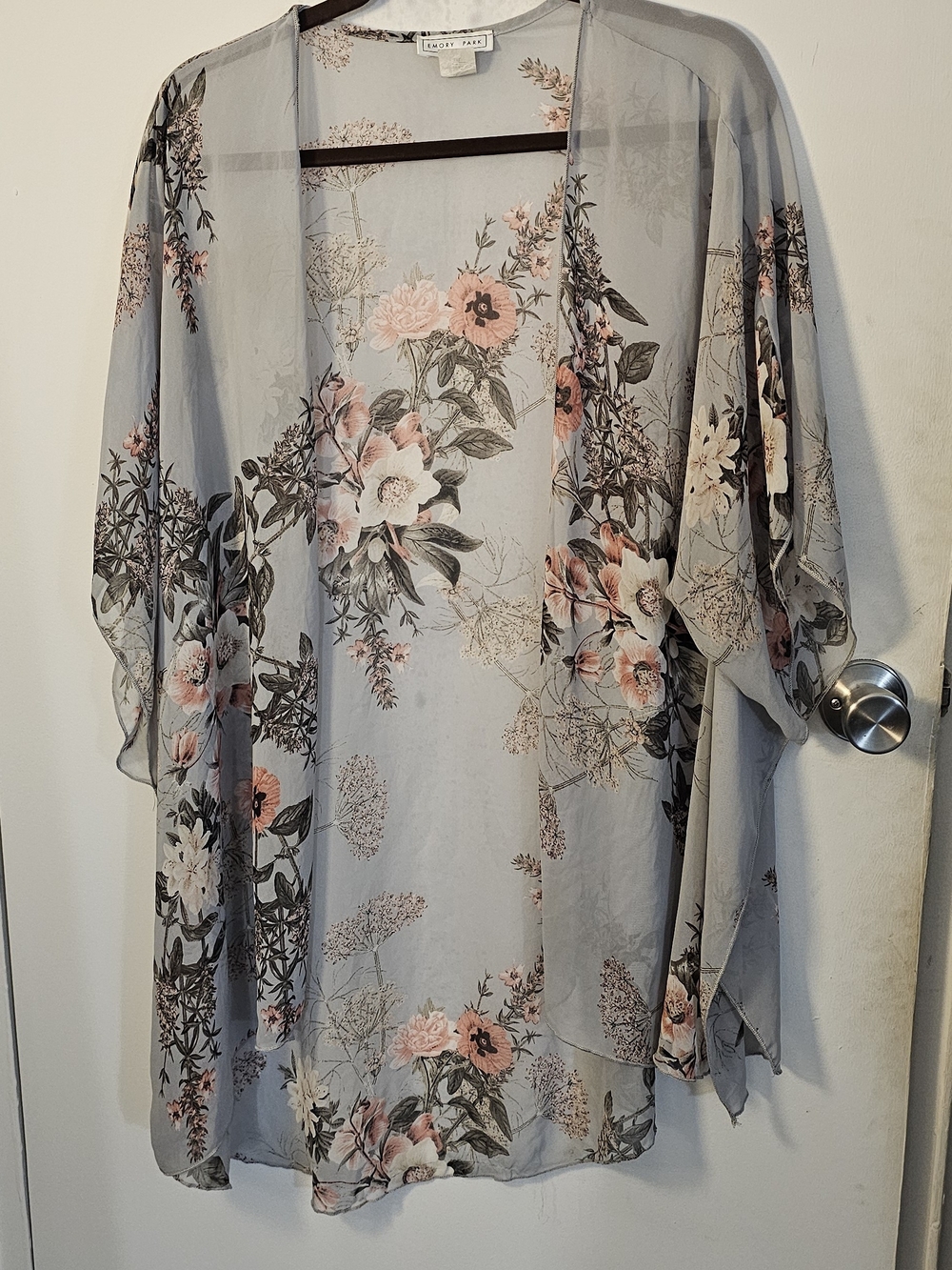 emory park Sheer Light Gray Floral Kimono Robe with Pink Blossoms